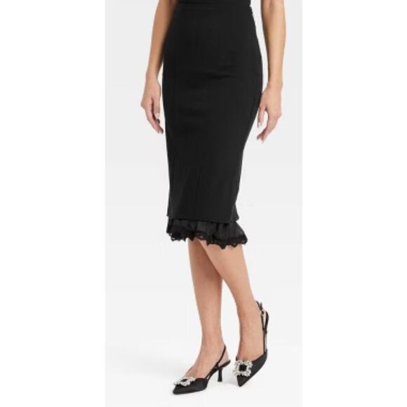 A‎ New Day NWT Black Size Medium Lace Trim Midi A-line Skirt Stretch Side Zip - Picture 1 of 10